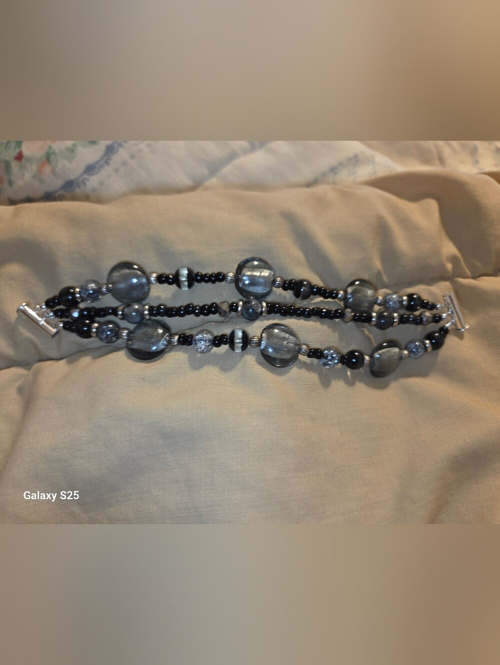 Handcrafted Black and Silver Beaded Triple-Row Necklace